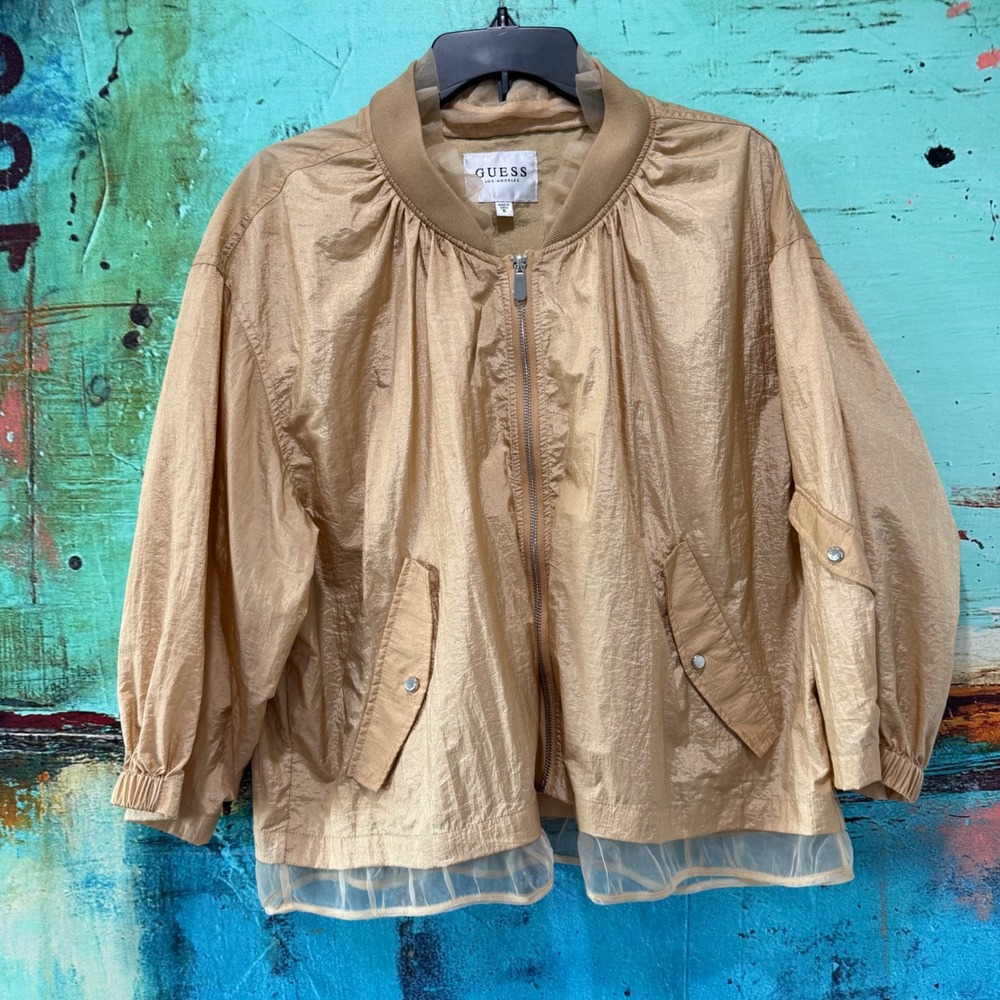 Guess‎ Los Angeles Gold Tulle Trim Bomber Jacket XL Champagne Womens